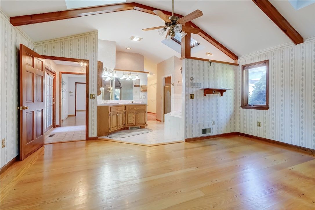 Bathroom, Empty room, Interior, Recessed Lighting, Wooden Beams, Wood Texture Flooring