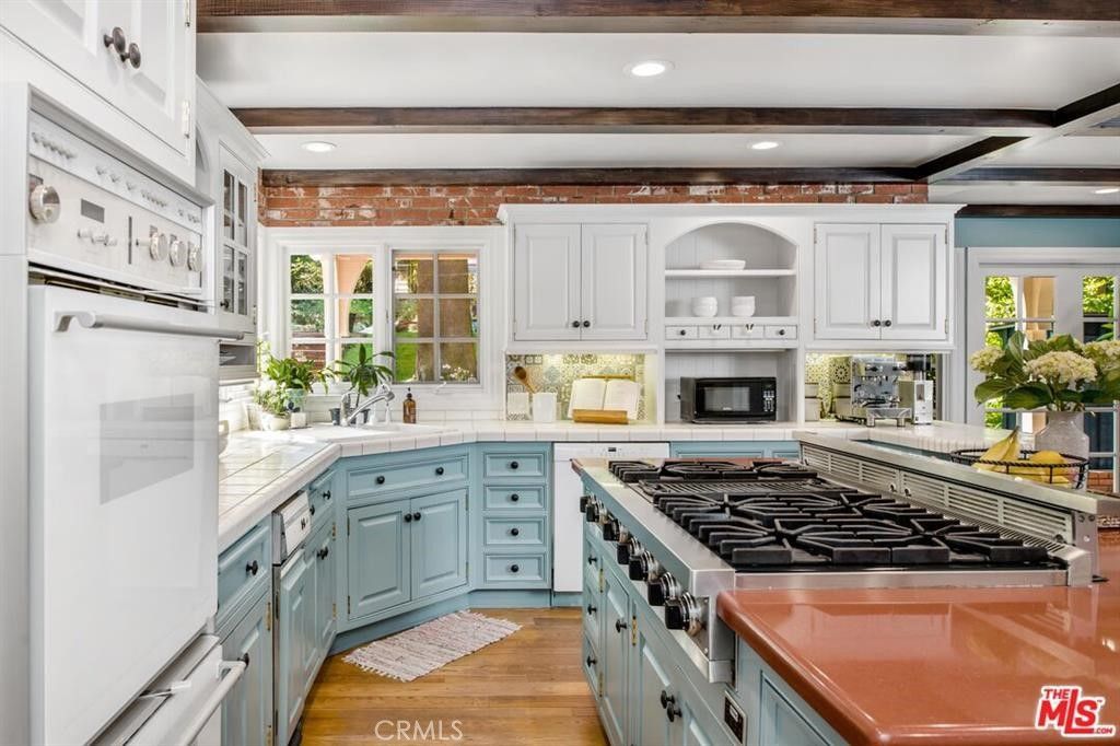 Interior, Kitchen, Recessed Lighting, Stainless Steel Appliances, Tile Countertops, Wooden Beams, Wood Texture Flooring