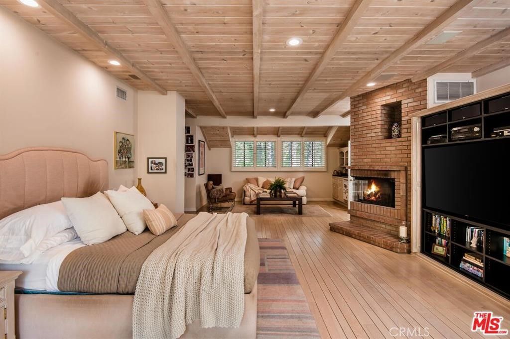Bedroom, Fireplace, Interior, Recessed Lighting, Stone Walls, Wooden Beams, Wooden Ceilings, Wood Texture Flooring