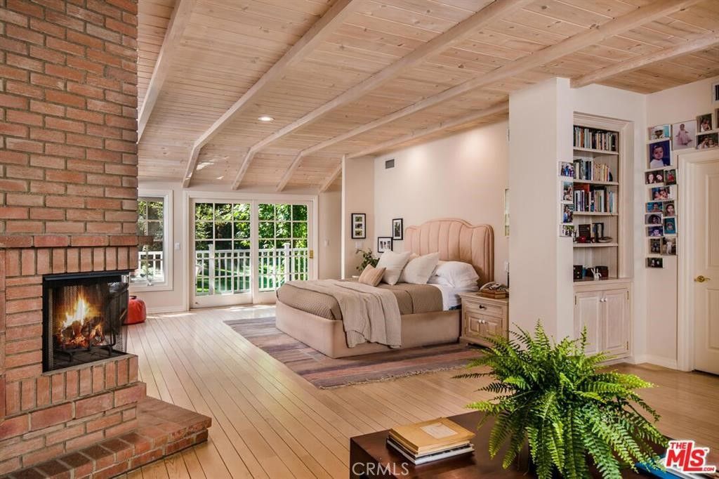 Bedroom, Fireplace, Interior, Recessed Lighting, Stone Walls, Wooden Beams, Wooden Ceilings, Wood Texture Flooring