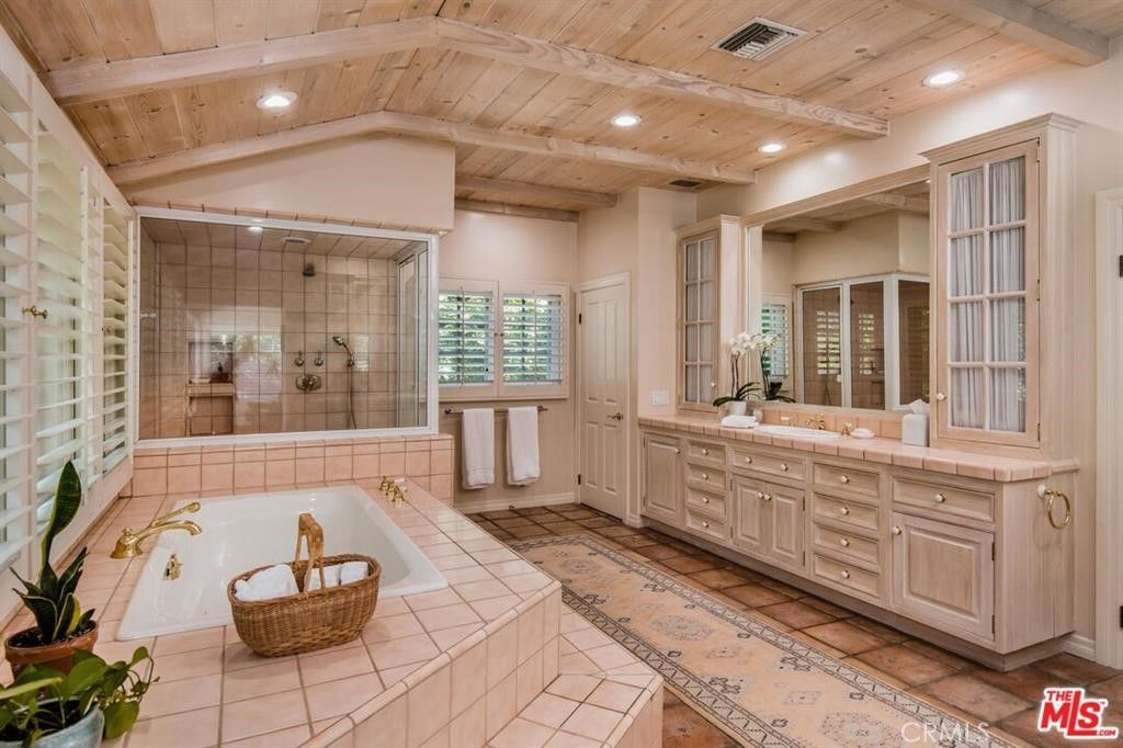 Bathroom, Dual Sink Vanities, Glass Shower, Interior, Recessed Lighting, Tile Countertops, Wooden Beams, Wooden Ceilings