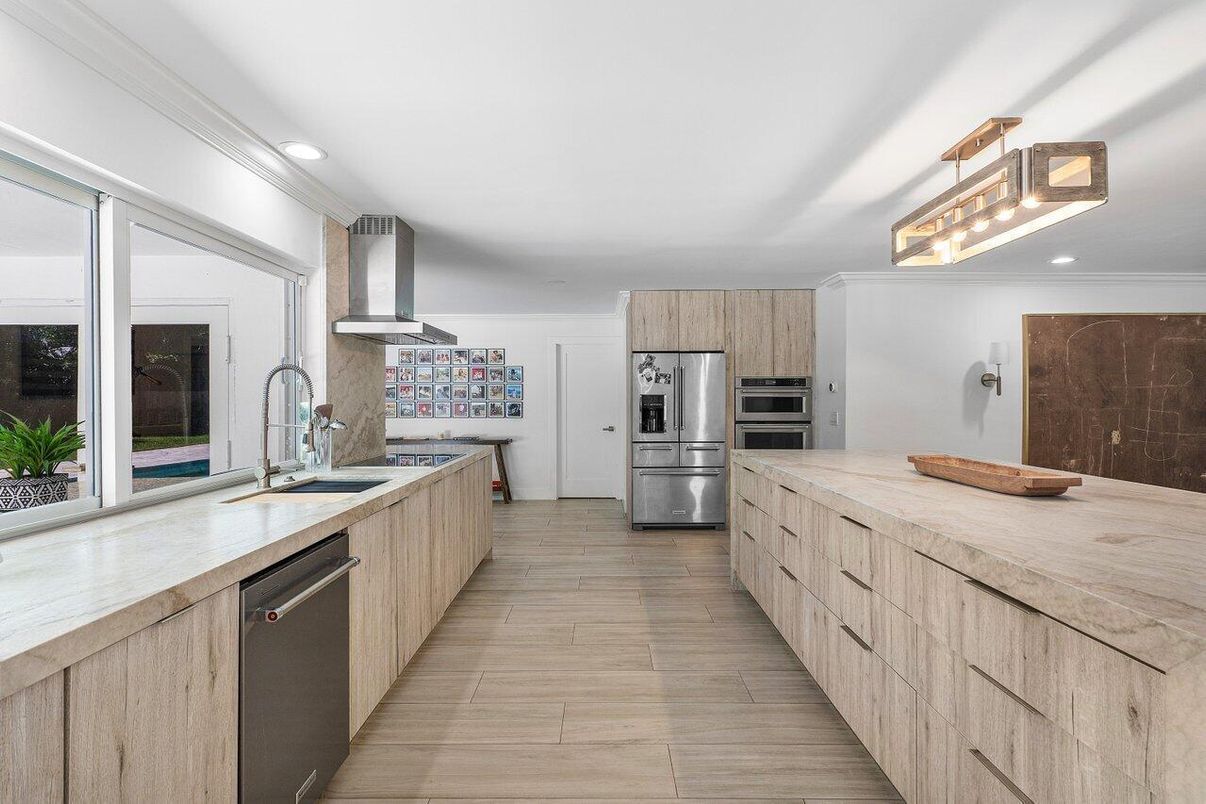 Interior, Kitchen, Recessed Lighting, Stainless Steel Appliances, Wood Texture Flooring