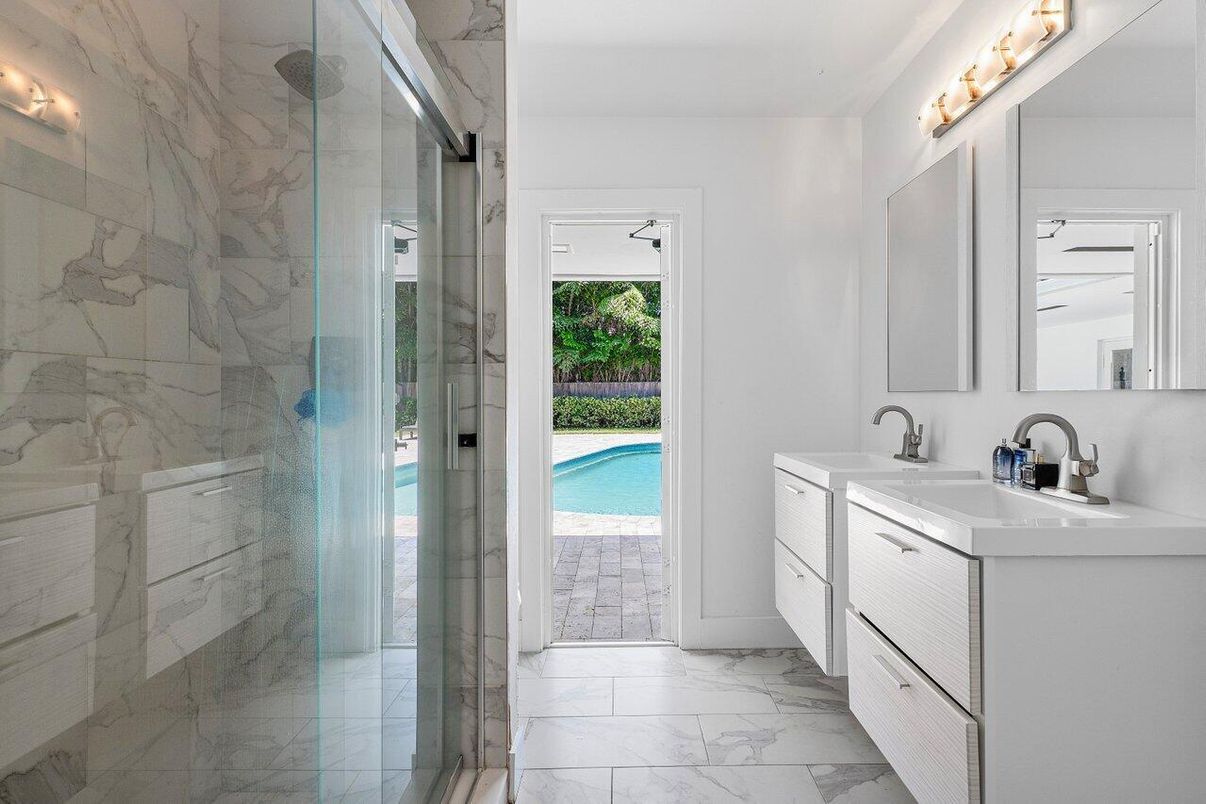 Bathroom, Dual Sink Vanities, Glass Shower, Interior, Marble, Marble Walls