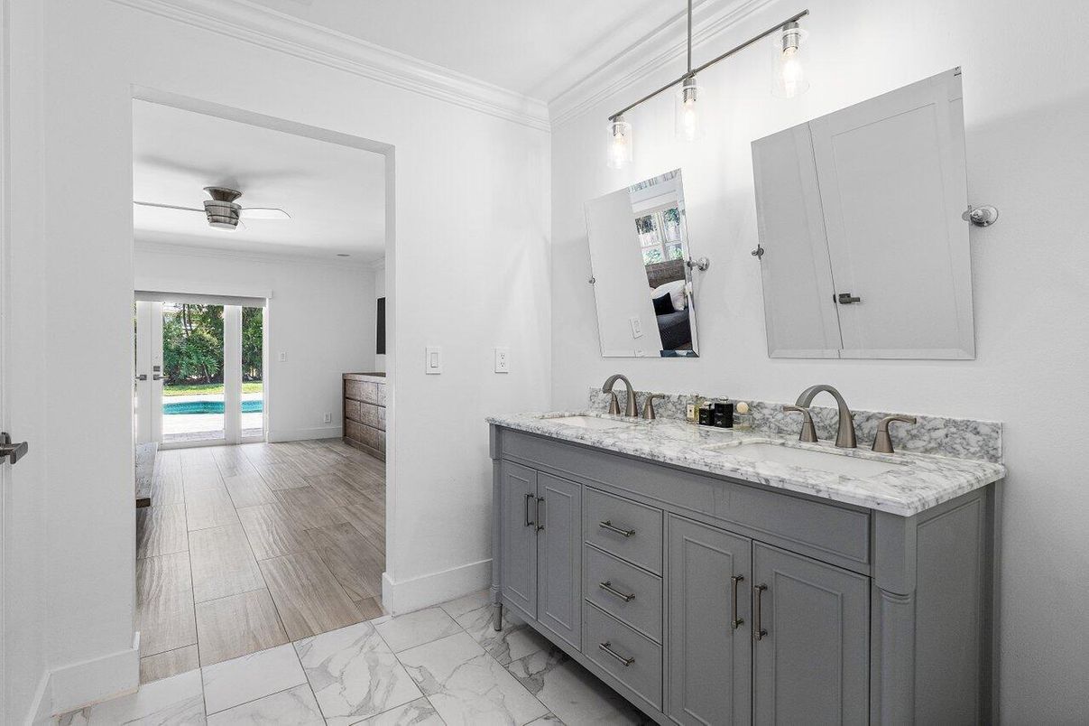 Bathroom, Dual Sink Vanities, Interior, Marble, Wood Texture Flooring