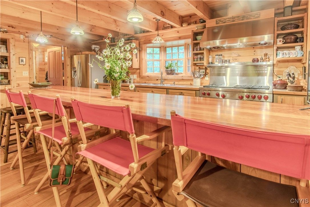 Dining room, Interior, Kitchen, Pendant Lights, Stainless Steel Appliances, Wooden Beams, Wooden Ceilings, Wood Texture Flooring, Wooden Walls