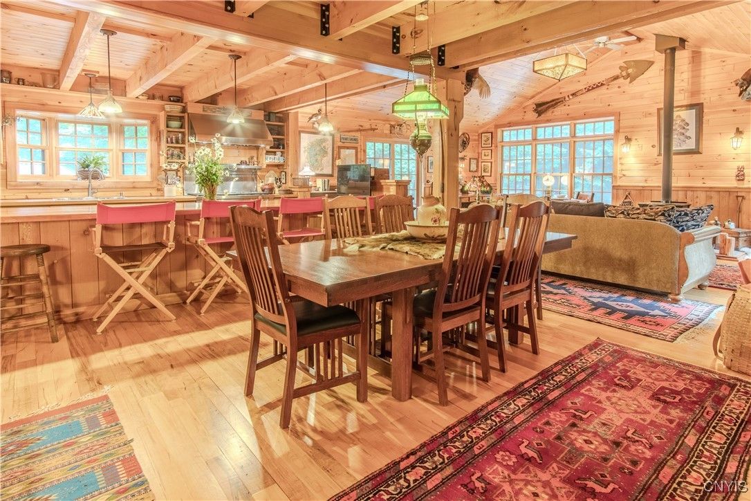 Dining room, Interior, Living room, Pendant Lights, Wooden Beams, Wooden Ceilings, Wood Texture Flooring, Wooden Walls