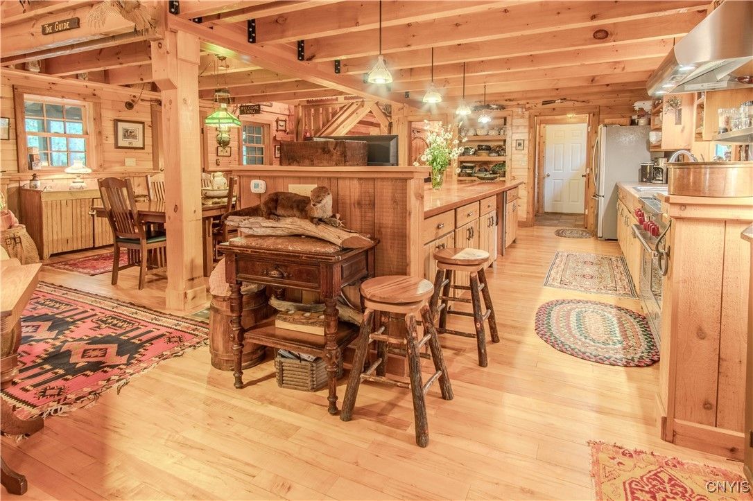Interior, Kitchen, Pendant Lights, Wooden Beams, Wood Texture Flooring, Wooden Walls