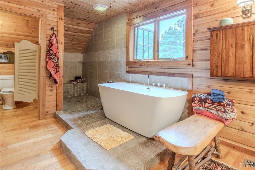 Bathroom, Free Standing Baths, Interior, Wooden Ceilings, Wood Texture Flooring, Wooden Walls