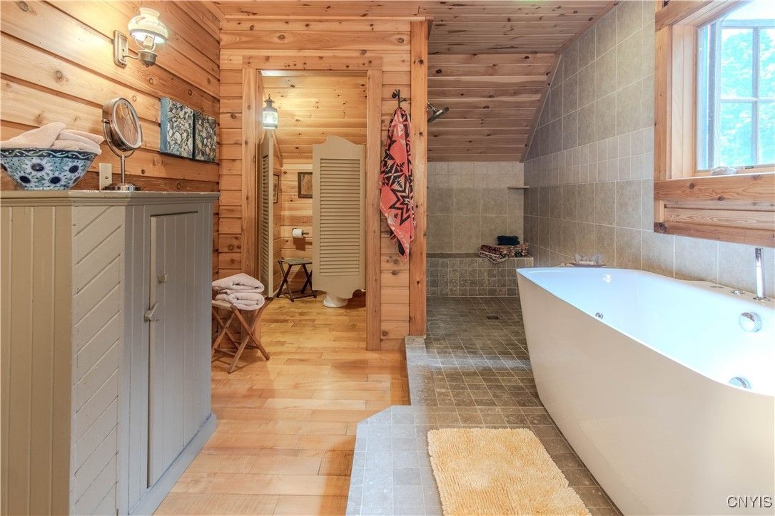 Bathroom, Free Standing Baths, Interior, Wooden Ceilings, Wood Texture Flooring, Wooden Walls
