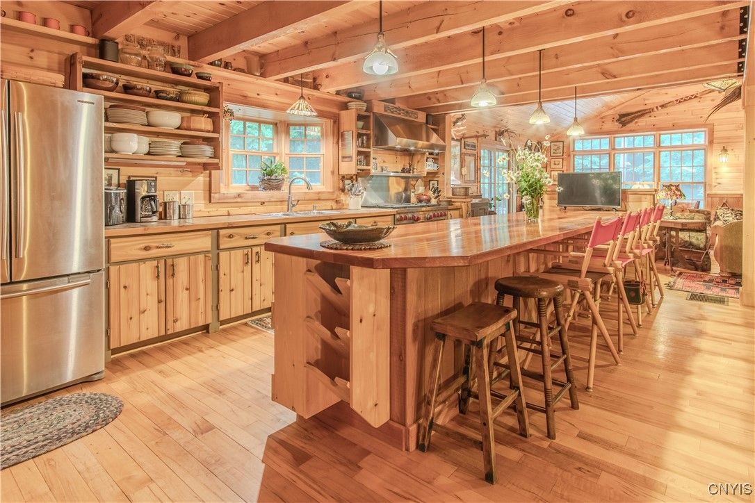 Interior, Kitchen, Pendant Lights, Stainless Steel Appliances, Wooden Beams, Wooden Ceilings, Wood Texture Flooring
