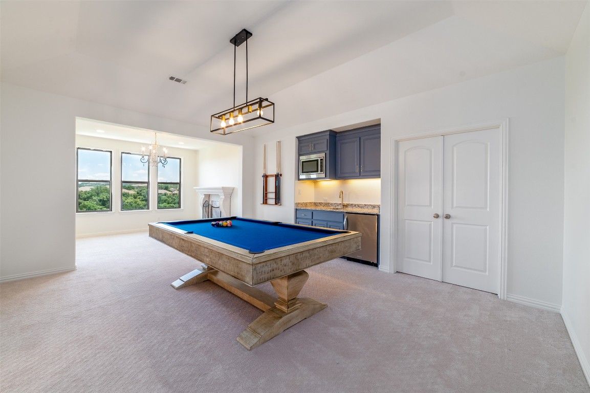 Billiard Table, Fireplace, Game Room, Interior, Pendant Lights