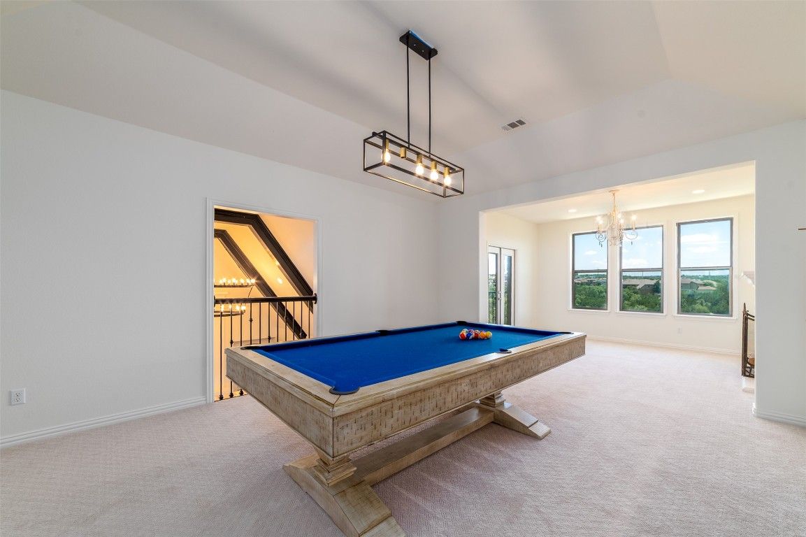 Billiard Table, Chandelier, Game Room, Interior, Pendant Lights