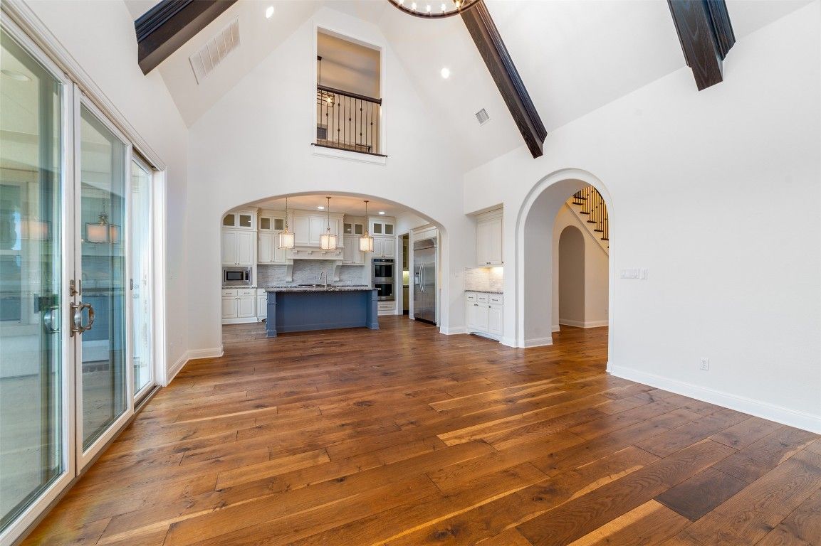 Interior, Kitchen, Pendant Lights, Recessed Lighting, Stainless Steel Appliances, Wooden Beams, Wood Texture Flooring