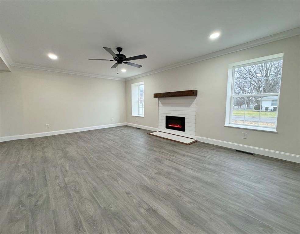 Empty room, Fireplace, Interior, Recessed Lighting, Wood Texture Flooring