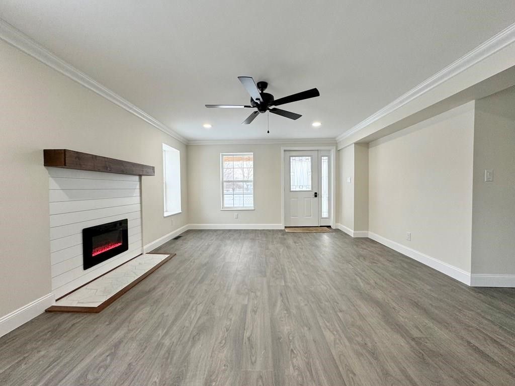 Empty room, Fireplace, Interior, Recessed Lighting, Wood Texture Flooring