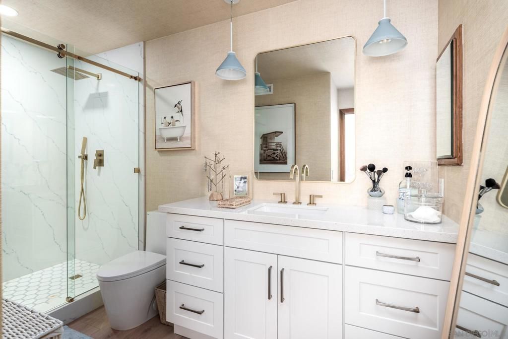 Bathroom, Glass Shower, Interior, Marble Walls, Pendant Lights, Recessed Lighting