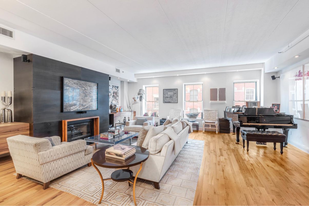 Fireplace, Interior, Living room, Piano, Recessed Lighting, Wood Texture Flooring