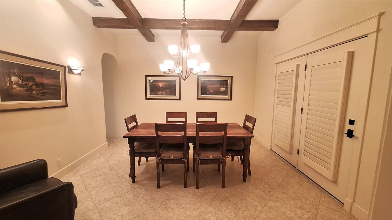 Chandelier, Dining room, Interior, Wooden Beams