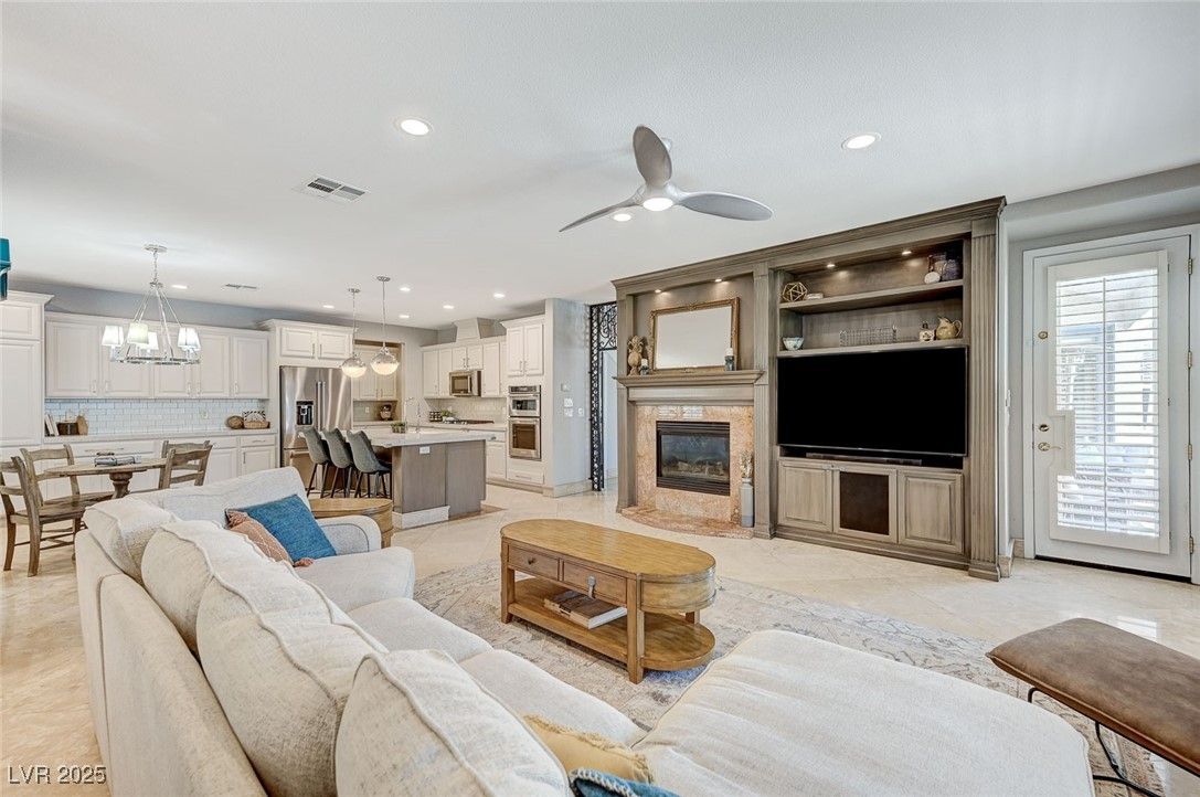 Dining room, Fireplace, Interior, Kitchen, Living room, Pendant Lights, Recessed Lighting, Stainless Steel Appliances