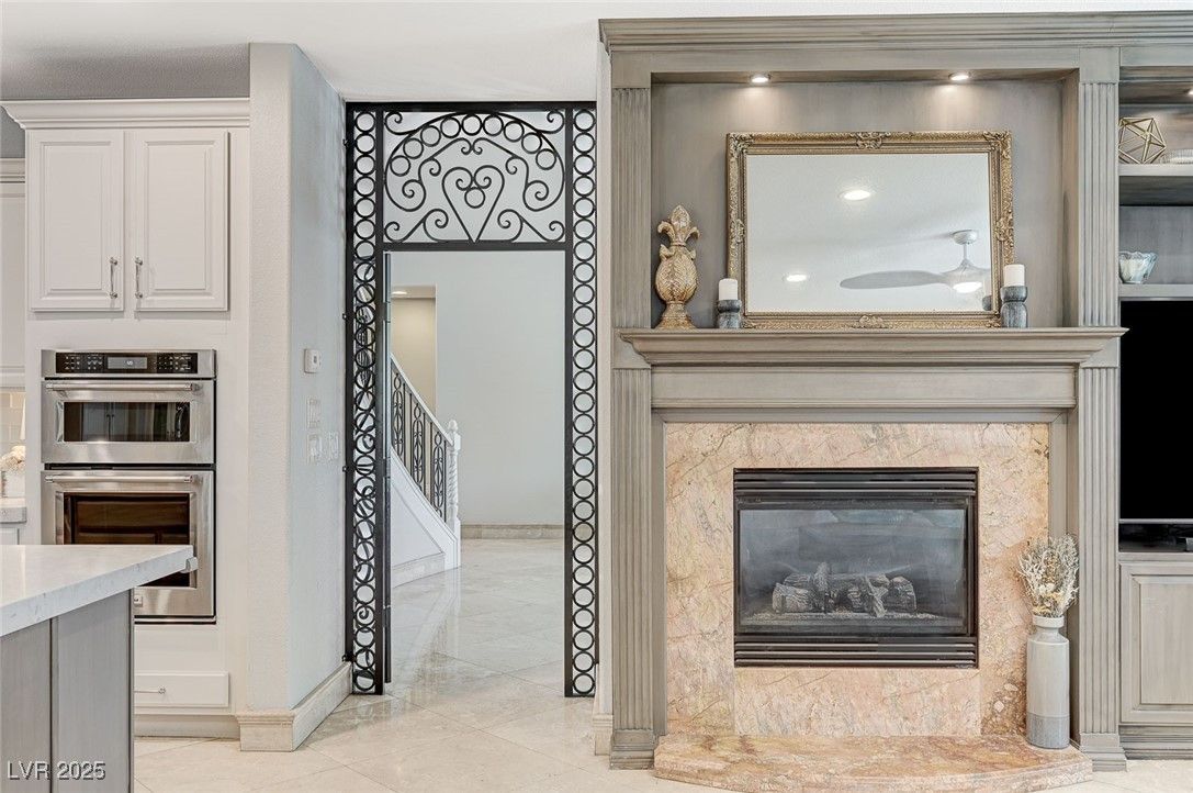 Fireplace, Interior, Kitchen, Recessed Lighting, Stainless Steel Appliances