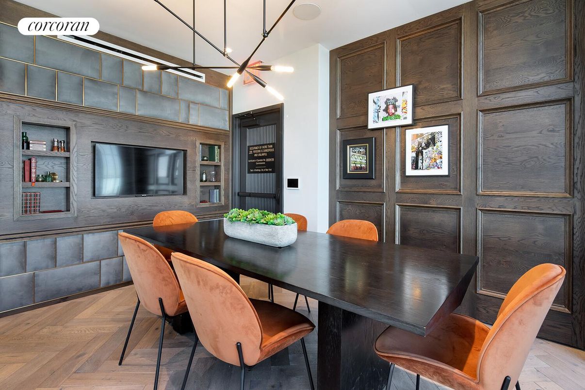 Dining room, Interior, Pendant Lights, Wood Texture Flooring