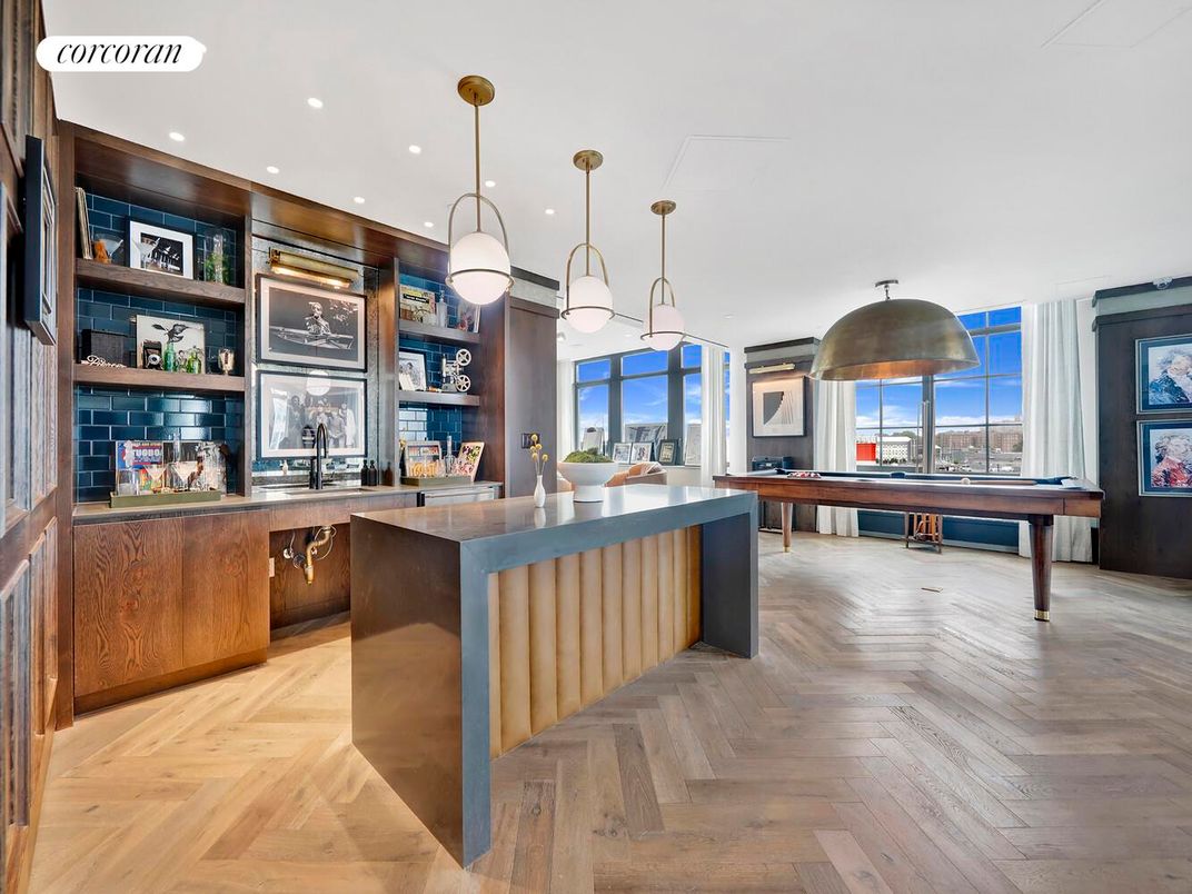 Billiard Table, Game Room, Interior, Pendant Lights, Recessed Lighting, Wood Texture Flooring