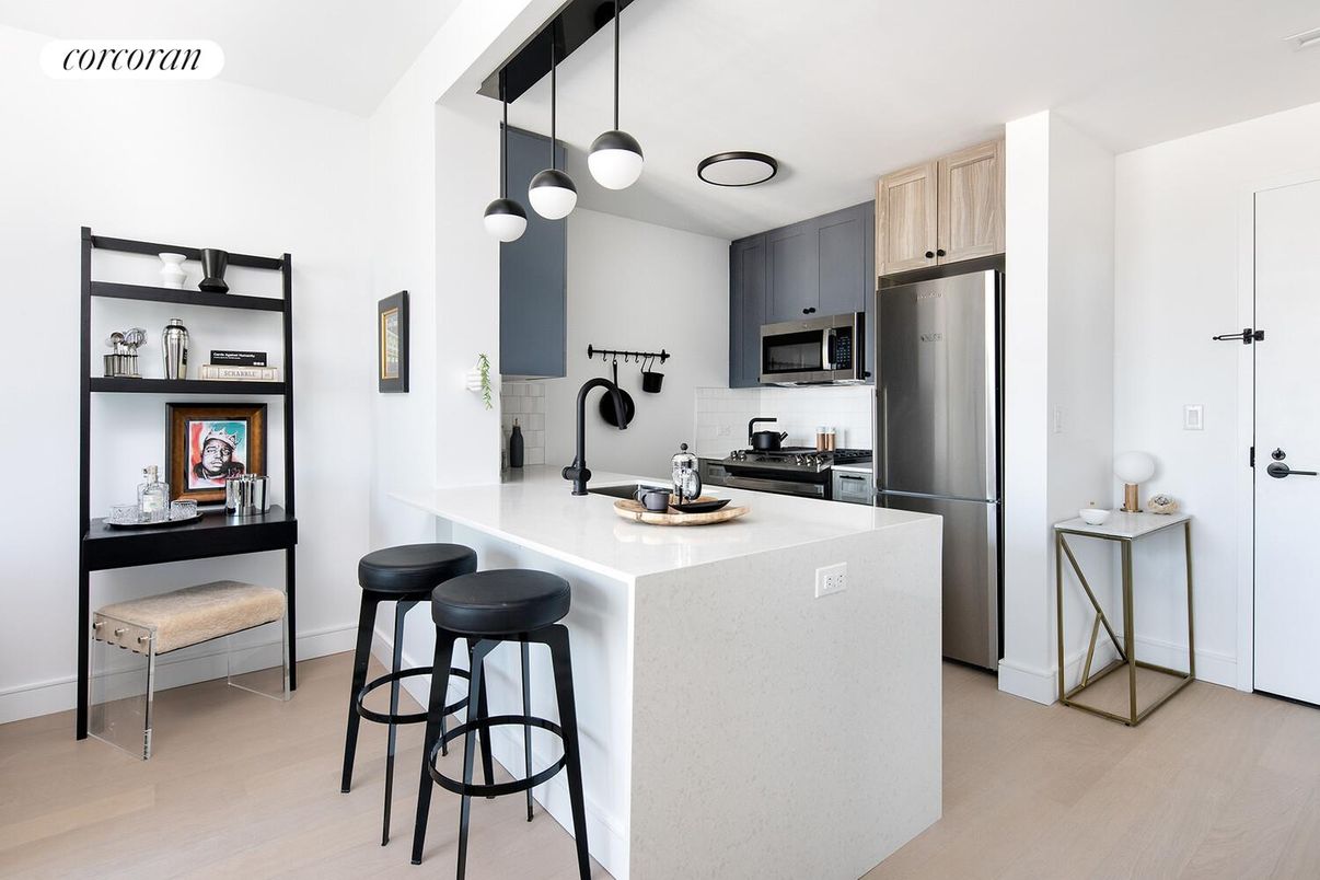 Interior, Kitchen, Pendant Lights, Stainless Steel Appliances, Wood Texture Flooring