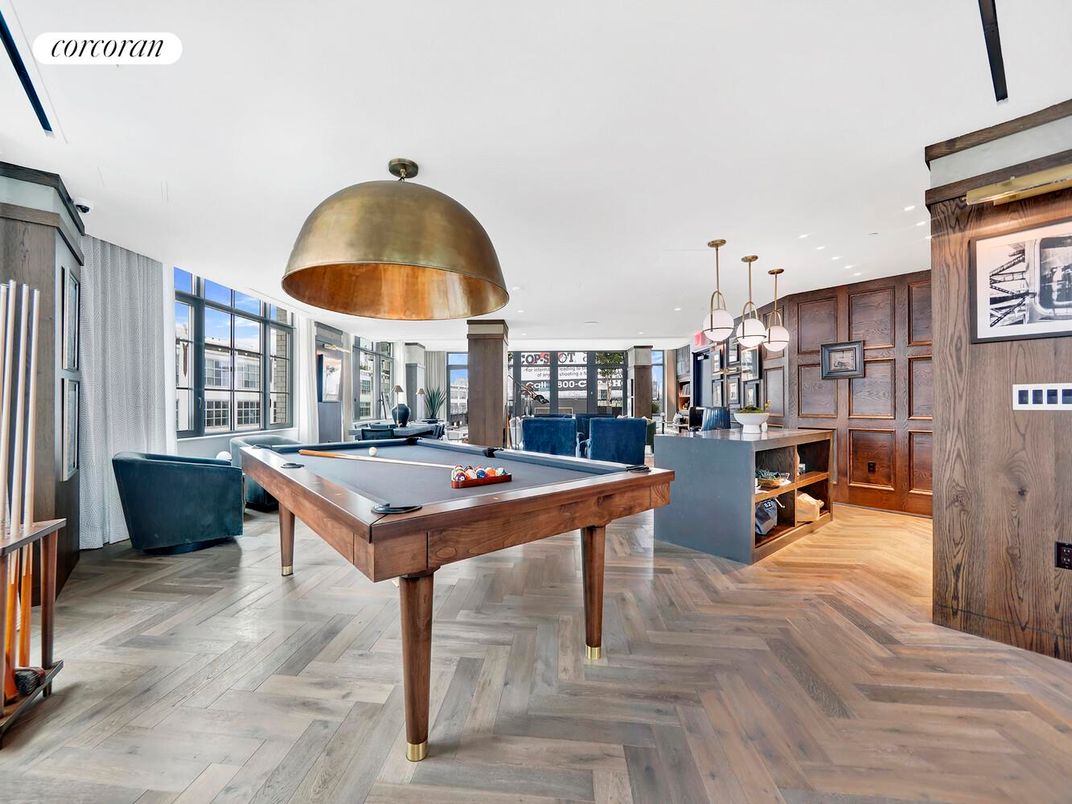 Billiard Table, Game Room, Interior, Pendant Lights, Recessed Lighting, Wood Texture Flooring