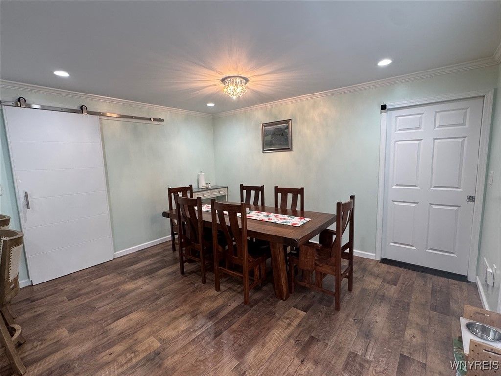 Dining room, Interior, Recessed Lighting, Wood Texture Flooring