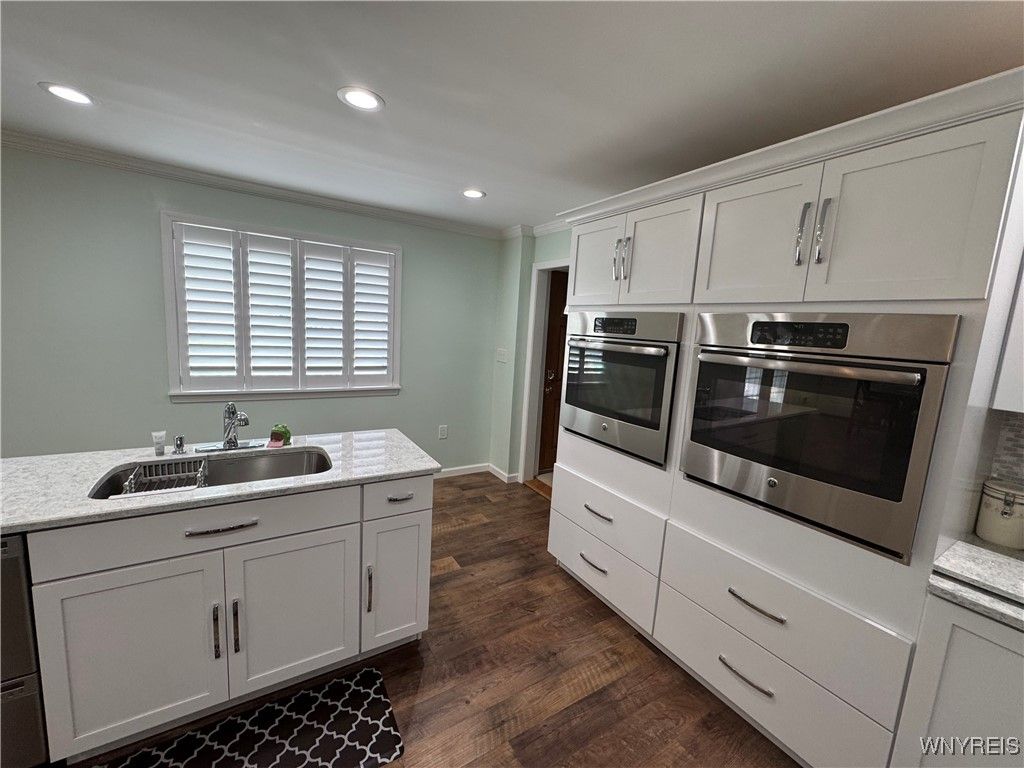 Interior, Kitchen, Recessed Lighting, Stainless Steel Appliances, Wood Texture Flooring