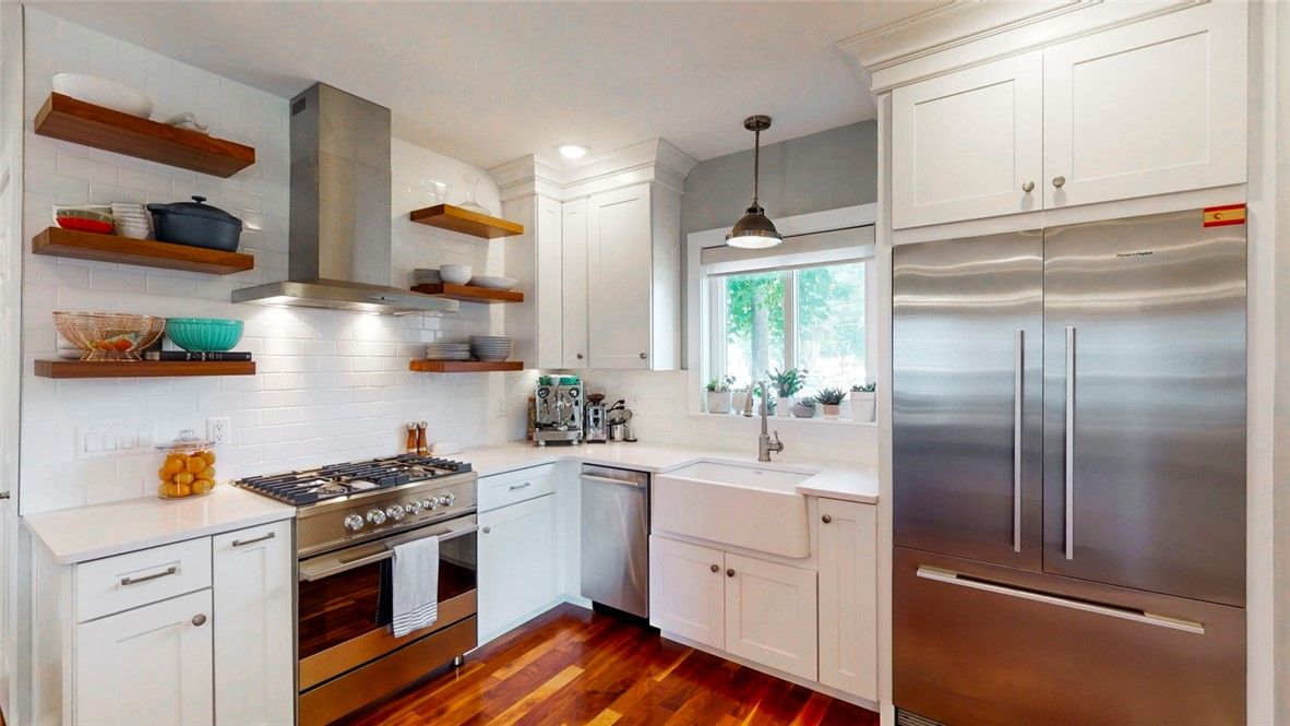 Interior, Kitchen, Pendant Lights, Recessed Lighting, Stainless Steel Appliances, Wood Texture Flooring