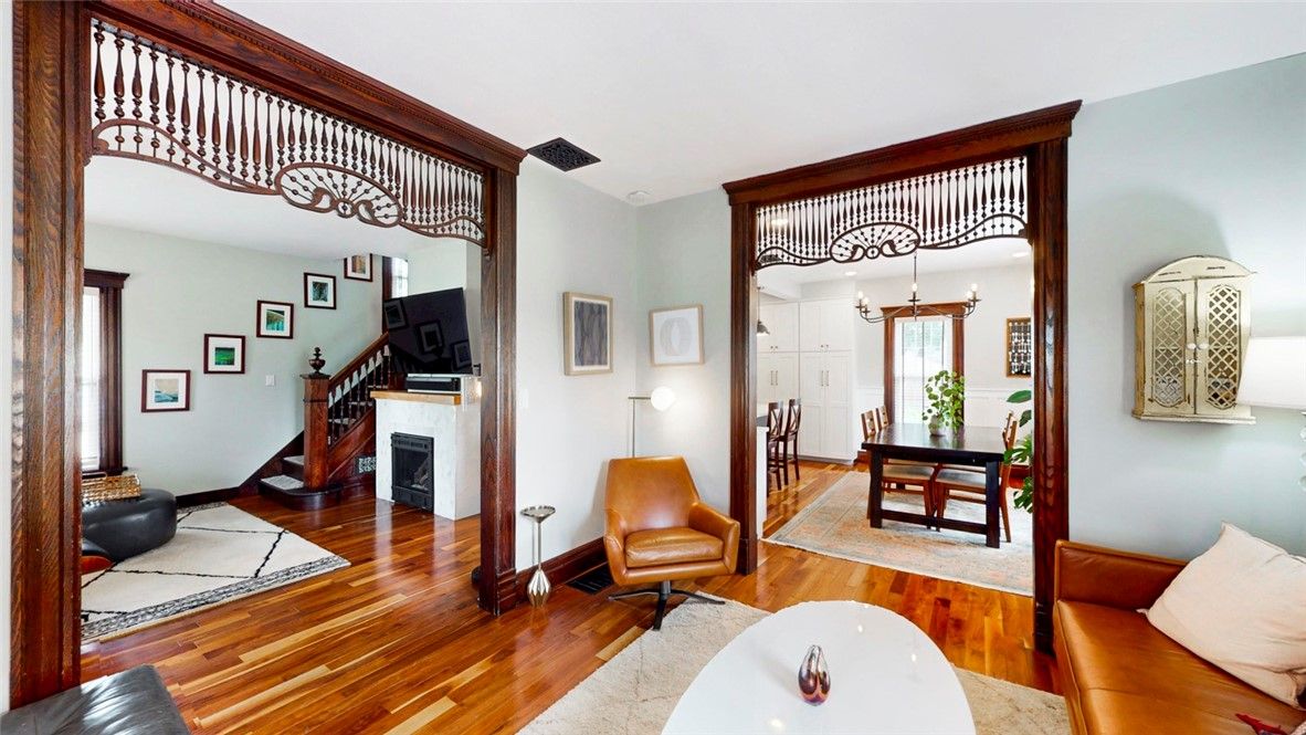 Dining room, Fireplace, Interior, Pendant Lights, Wood Texture Flooring