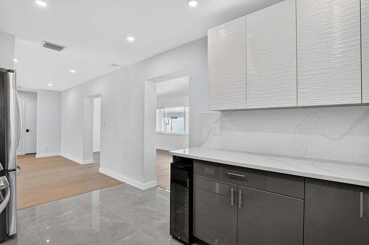 Interior, Kitchen, Marble Walls, Recessed Lighting, Wood Texture Flooring