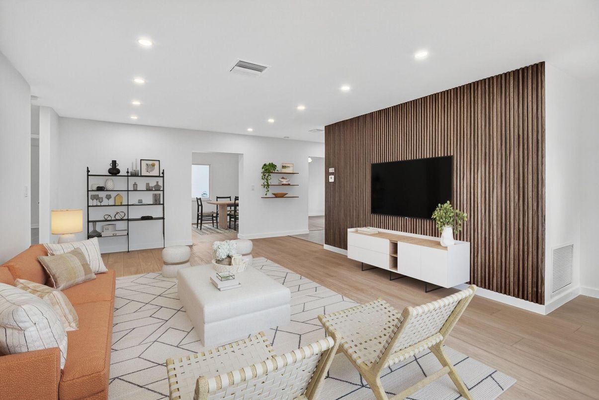 Dining room, Interior, Living room, Recessed Lighting, Wood Texture Flooring
