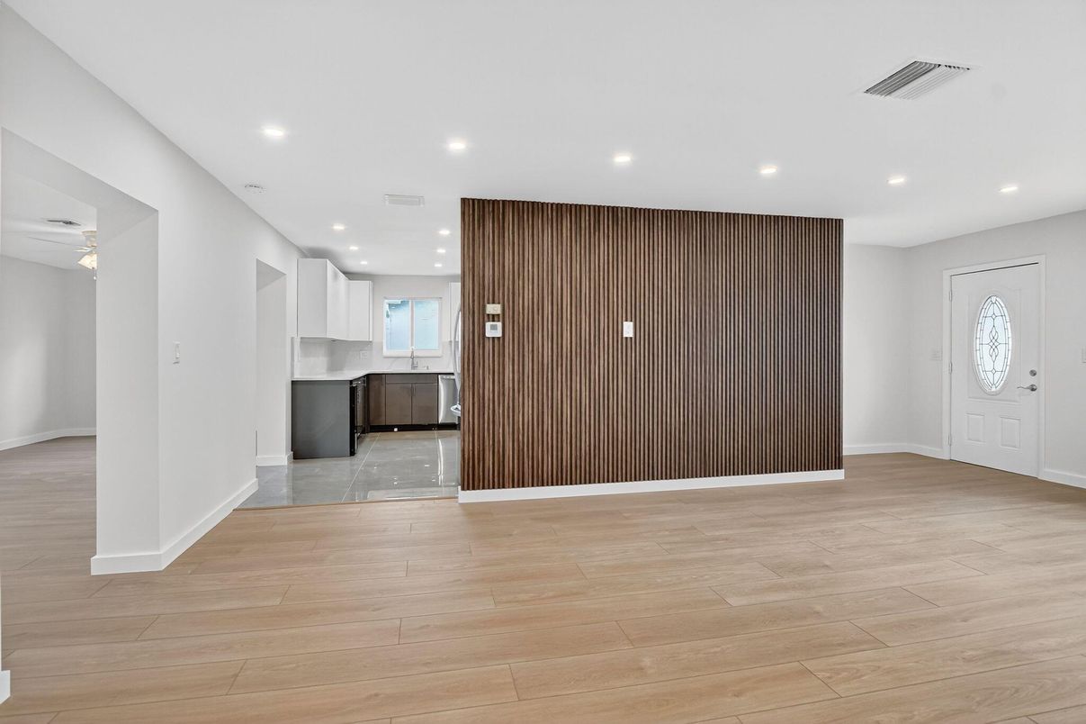 Empty room, Interior, Kitchen, Recessed Lighting, Wood Texture Flooring