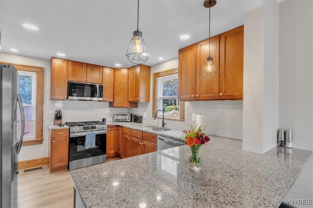 Interior, Kitchen, Pendant Lights, Recessed Lighting, Stainless Steel Appliances, Wood Texture Flooring