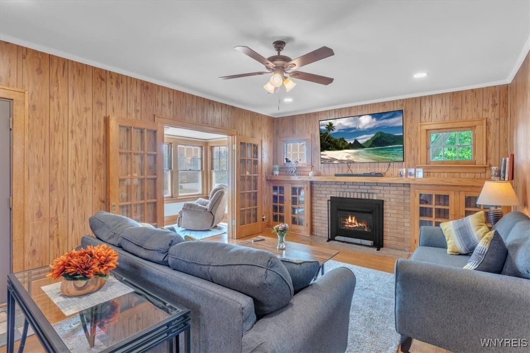 Fireplace, Interior, Living room, Recessed Lighting, Wood Texture Flooring, Wooden Walls