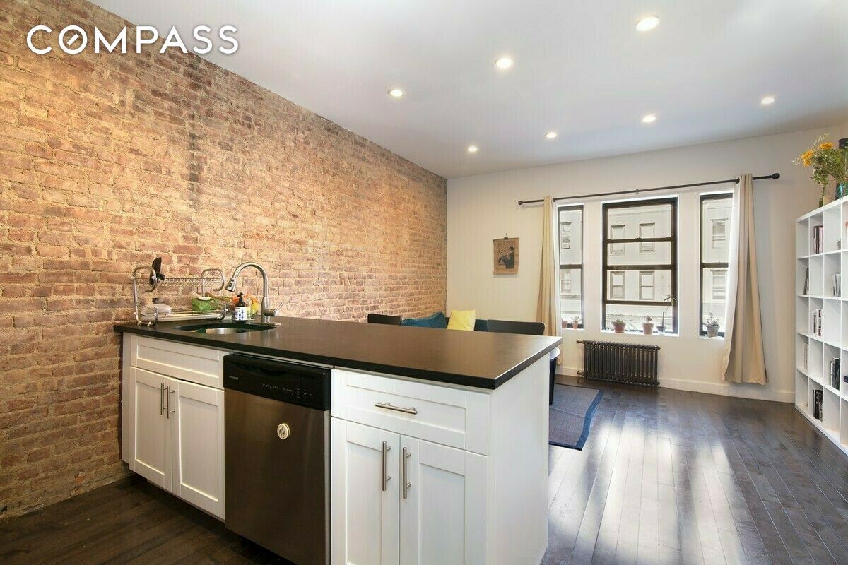 Interior, Kitchen, Recessed Lighting, Stone Walls, Wood Texture Flooring