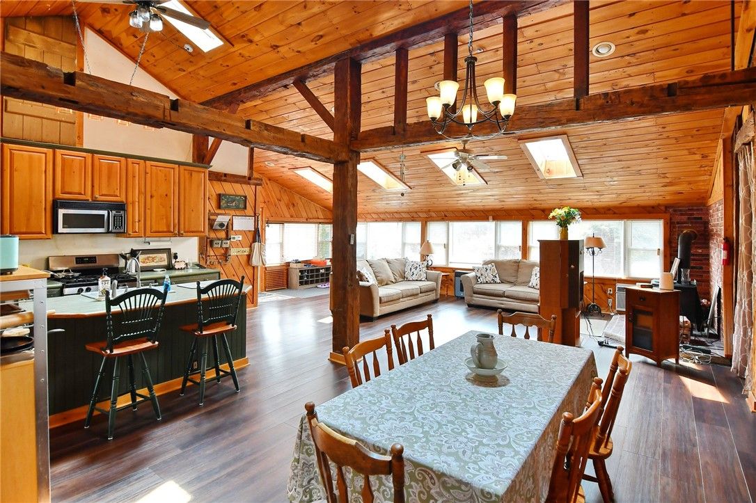 Chandelier, Dining room, Interior, Kitchen, Living room, Recessed Lighting, Wooden Beams, Wooden Ceilings, Wood Texture Flooring
