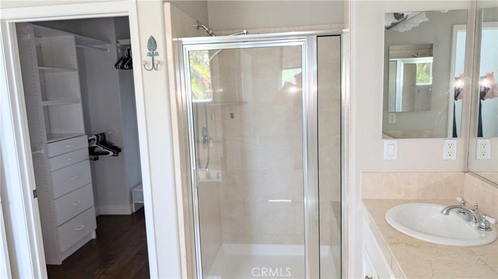 Bathroom, Glass Shower, Interior, Tile Countertops, Wood Texture Flooring