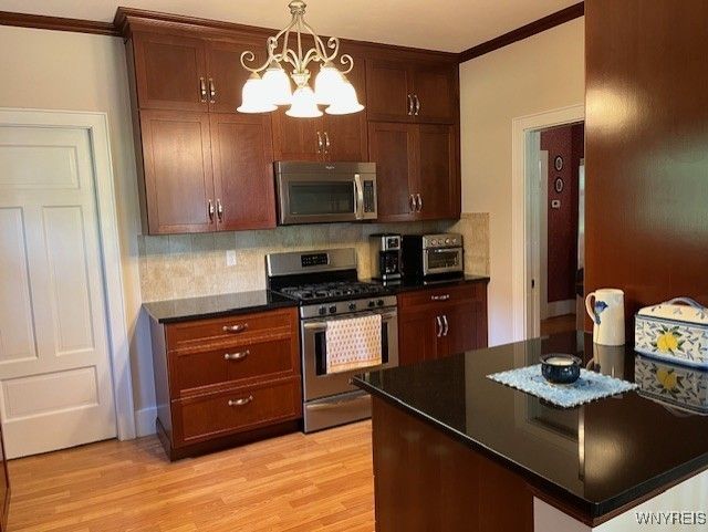 Chandelier, Interior, Kitchen, Stainless Steel Appliances, Wood Texture Flooring