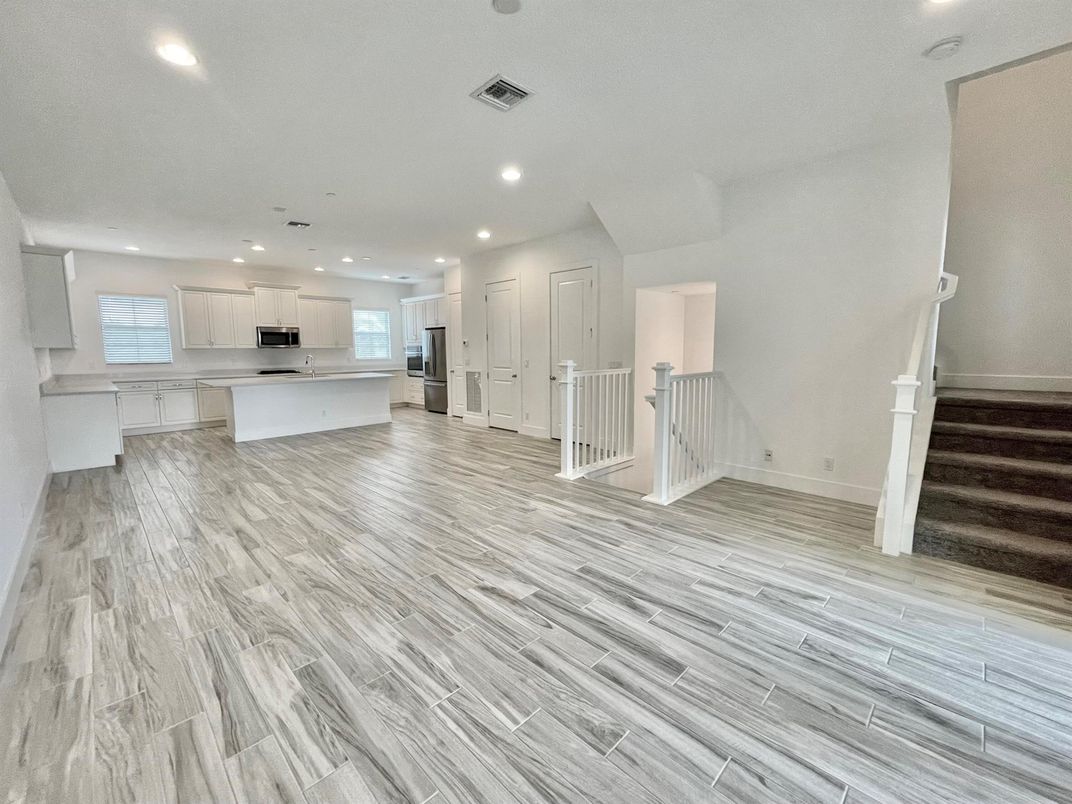 Empty room, Interior, Kitchen, Recessed Lighting, Wood Texture Flooring