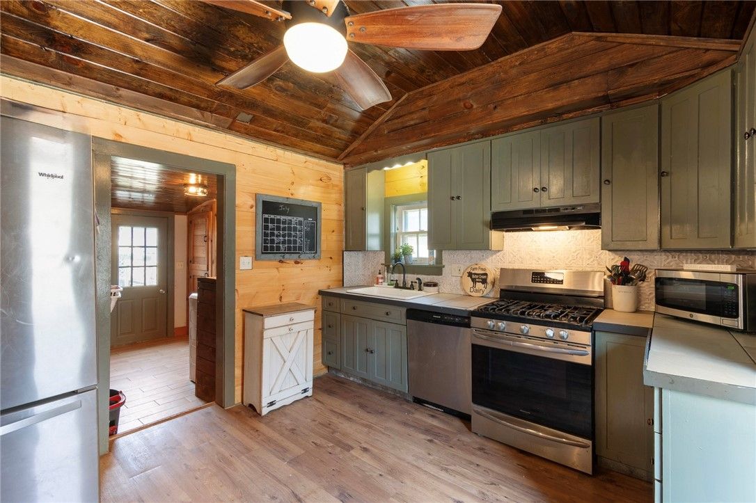 Interior, Kitchen, Stainless Steel Appliances, Wooden Ceilings, Wood Texture Flooring, Wooden Walls