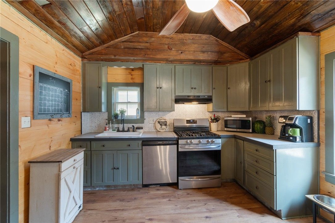 Interior, Kitchen, Stainless Steel Appliances, Wooden Beams, Wooden Ceilings, Wood Texture Flooring, Wooden Walls