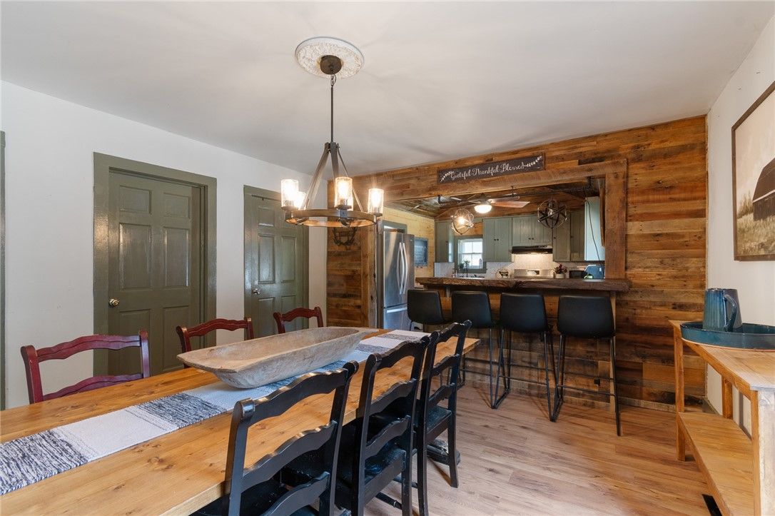 Dining room, Interior, Pendant Lights, Wood Texture Flooring, Wooden Walls