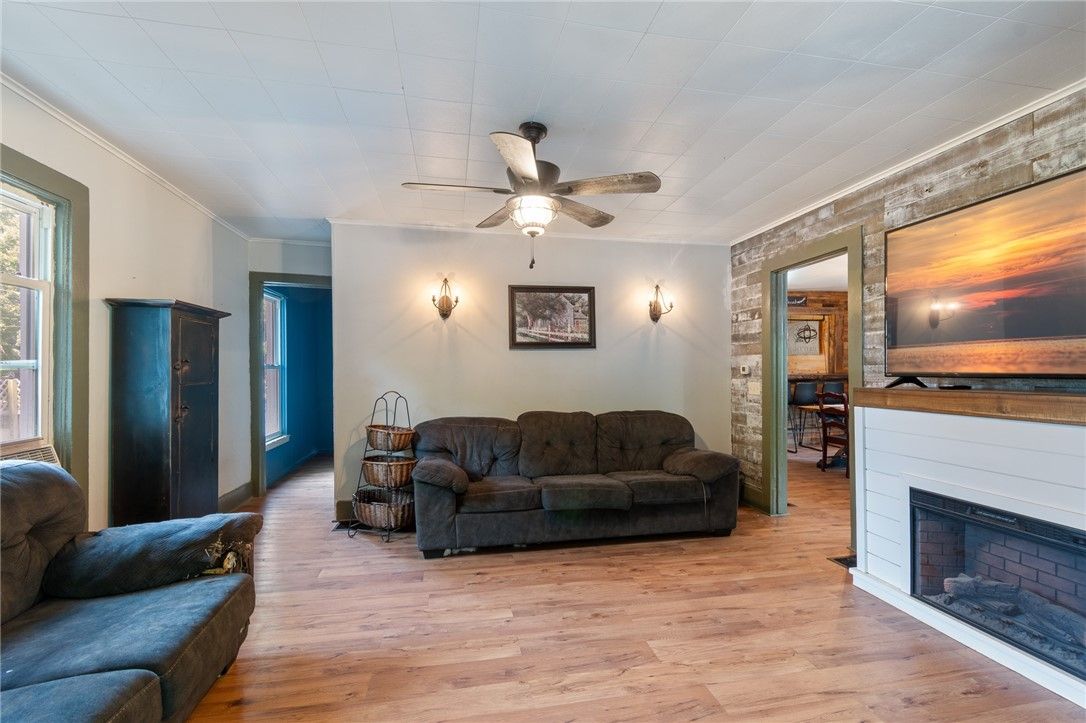 Fireplace, Interior, Living room, Stone Walls, Wood Texture Flooring