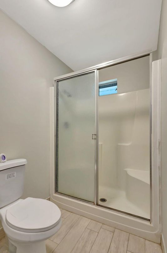 Bathroom, Glass Shower, Interior, Wood Texture Flooring