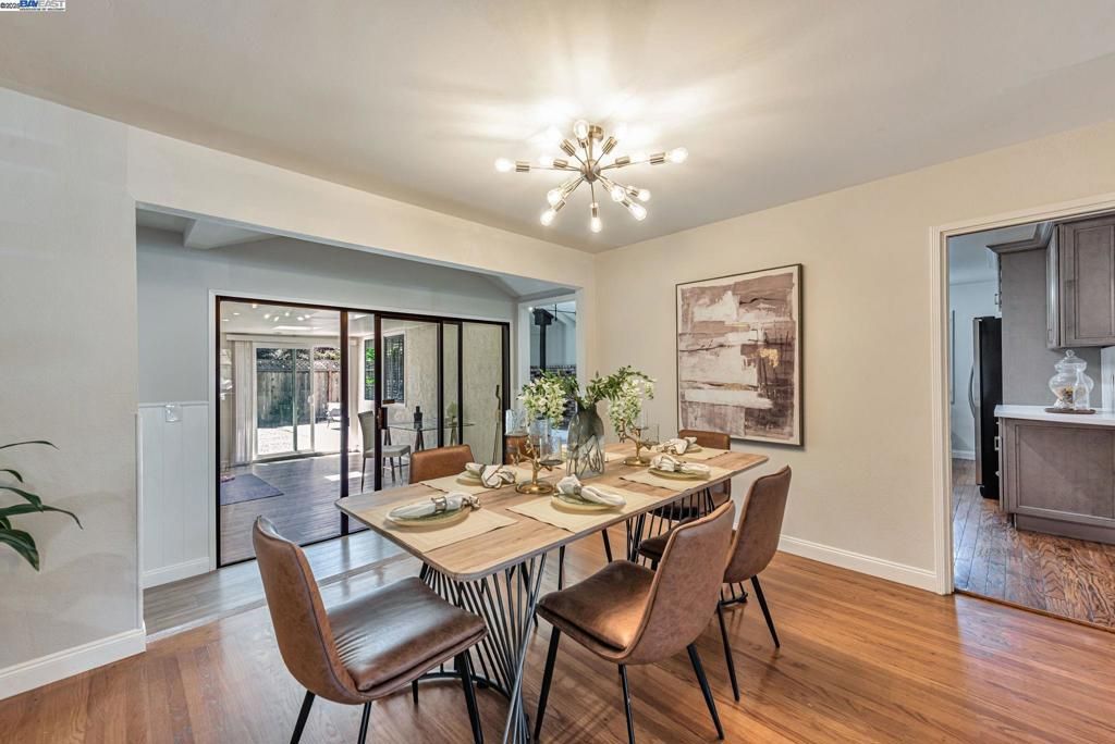 Dining room, Interior, Pendant Lights, Wood Texture Flooring