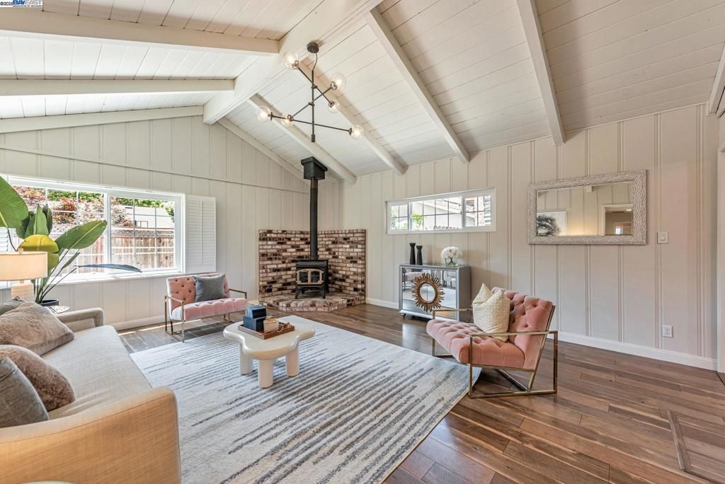 Fireplace, Interior, Living room, Pendant Lights, Wood Texture Flooring