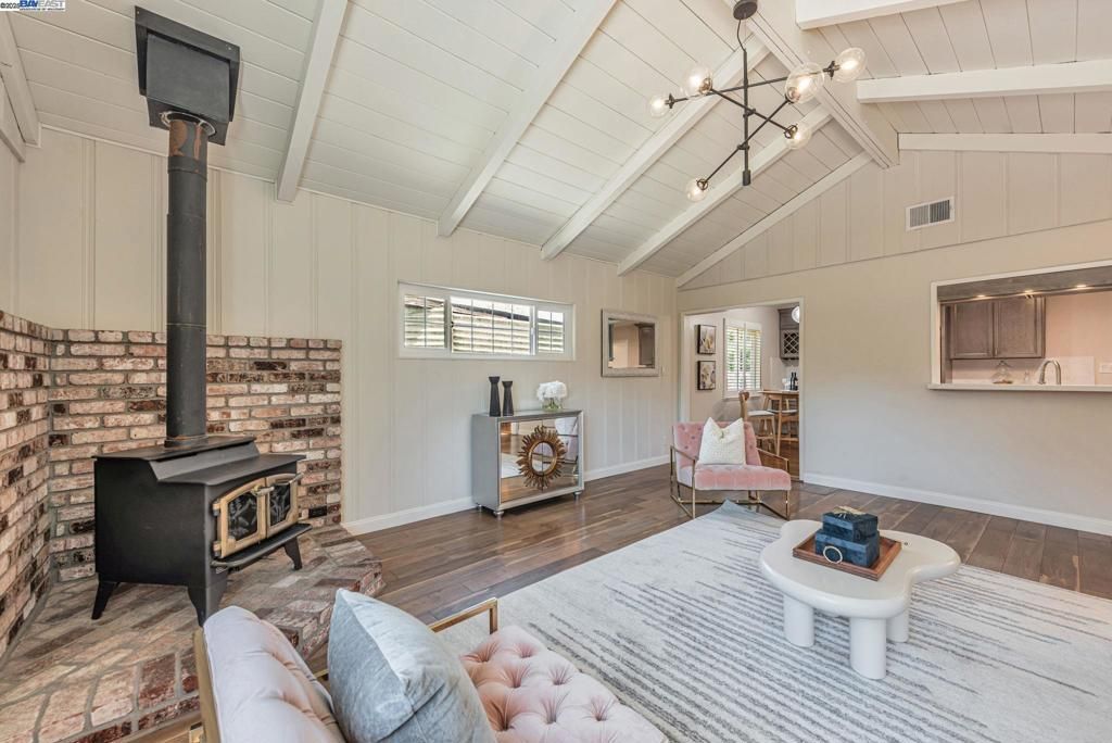 Fireplace, Interior, Pendant Lights, Stone Walls, Wood Texture Flooring
